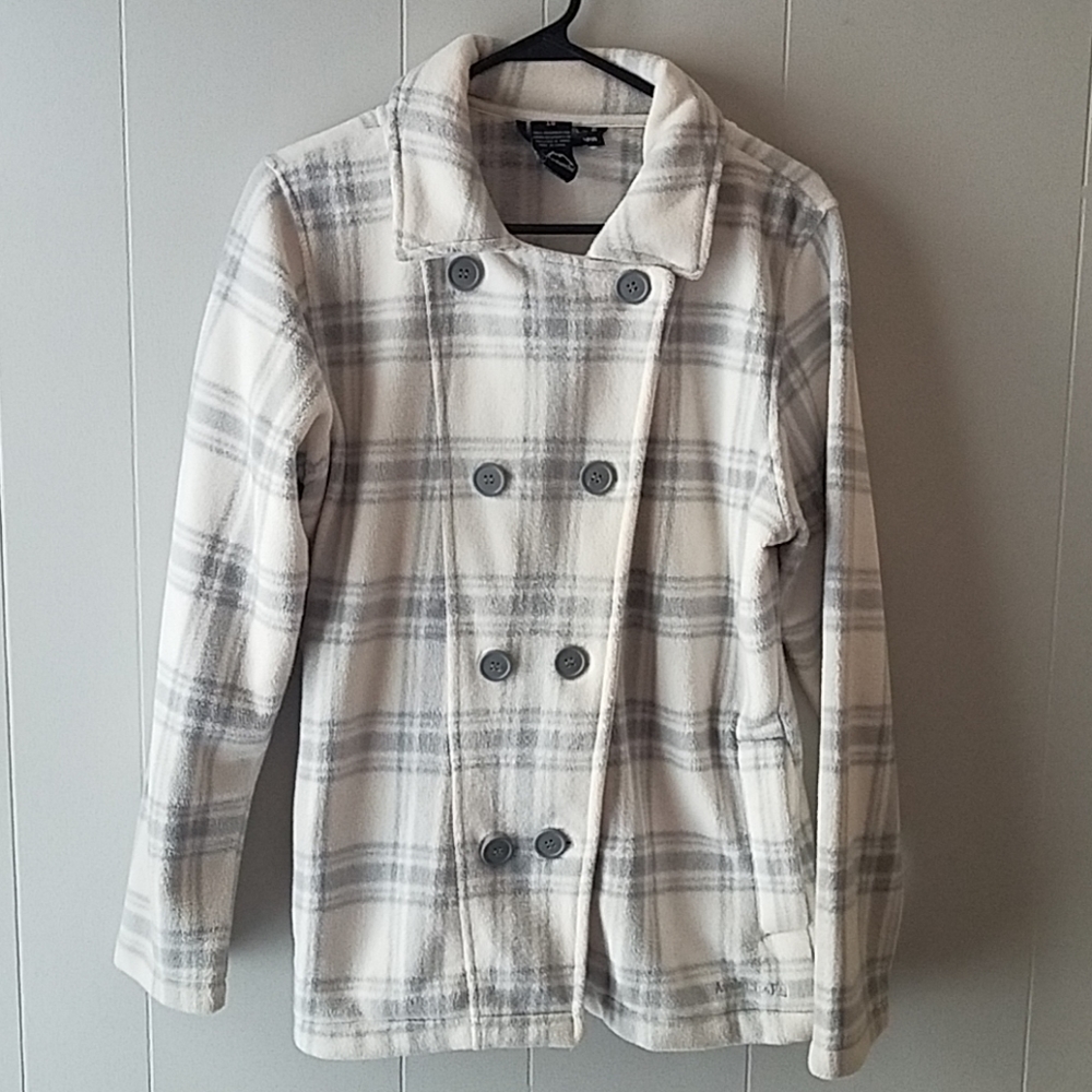 Gray and white plaid fleece jacket